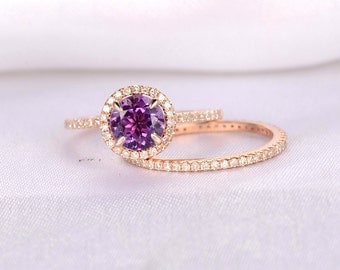 2pcs wedding ring setamethyst engagement ring14k rose goldfull eternity diamond - Purple Wedding Rings 2pcs wedding ring setamethyst engagement ring14k rose goldfull eternity diamond - Purple Wedding Rings