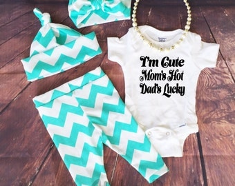 Baby Girl Coming Home Outfit, Teal Blue Chevron, Leggings, Hat and Headband, Hospital Outfit, Outfit set, Infant, Baby leggings