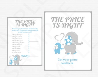 Blue and Gray Elephant Baby Shower Games, Printable Baby Shower Boy, Price is Right Baby Shower Game + Sign Printable INSTANT DOWNLOAD ELLBG