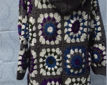 Large Hand Crocheted granny square jacket with hood and a scarf in 100% acrylic