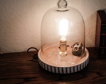 glass cloche lamp; glass bell dome lamp; glass dome lamp; bell dome lamp; glass bell lamp; glass jar edison lamp; edison lamp; wooden lamp
