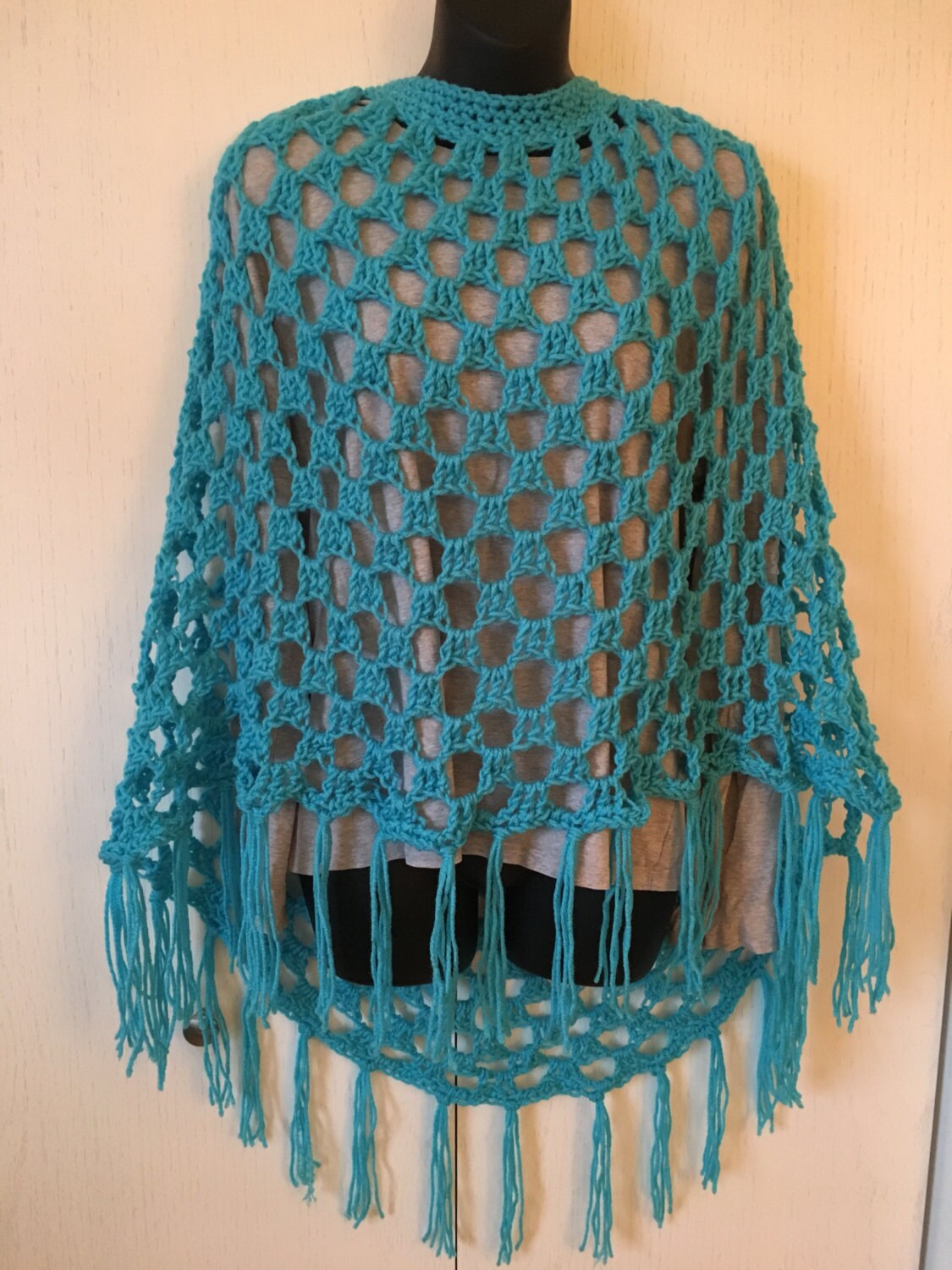 Crocheted Teal Shawl with Fringe
