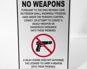 18 X 24 Ohio Revised Code No Weapons Sign