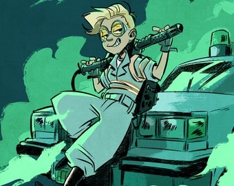 New Ghostbusters Digital Art Print, Jillian Holtzmann print, Kate McKinnon portrait, Ecto-1 illustration, movie poster, geek wall art