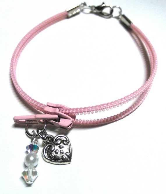 Pink Zipper Charm Bracelet with Silver Heart & by BraceletGirlZip