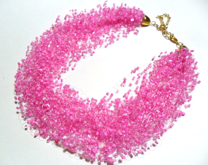 Romantic Gentle pink necklace airy crochet everyday bright multistrand statement unusual cobweb casual wedding bride bridesmaid seed bead