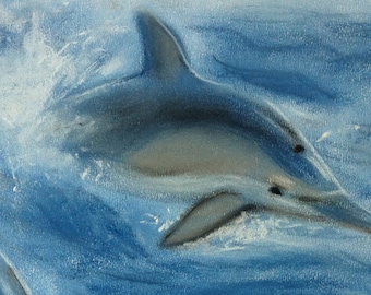 dolphins, original pastel drawing, animal art, animal drawing, dolphin drawing, dolphin painting, pastel painting