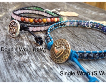 Customizable Beaded Leather Wrap Bracelet - Adjustable, Hand Beaded SNGL OR DBL Leather Wrap Bracelets - Create Your Own Harmony