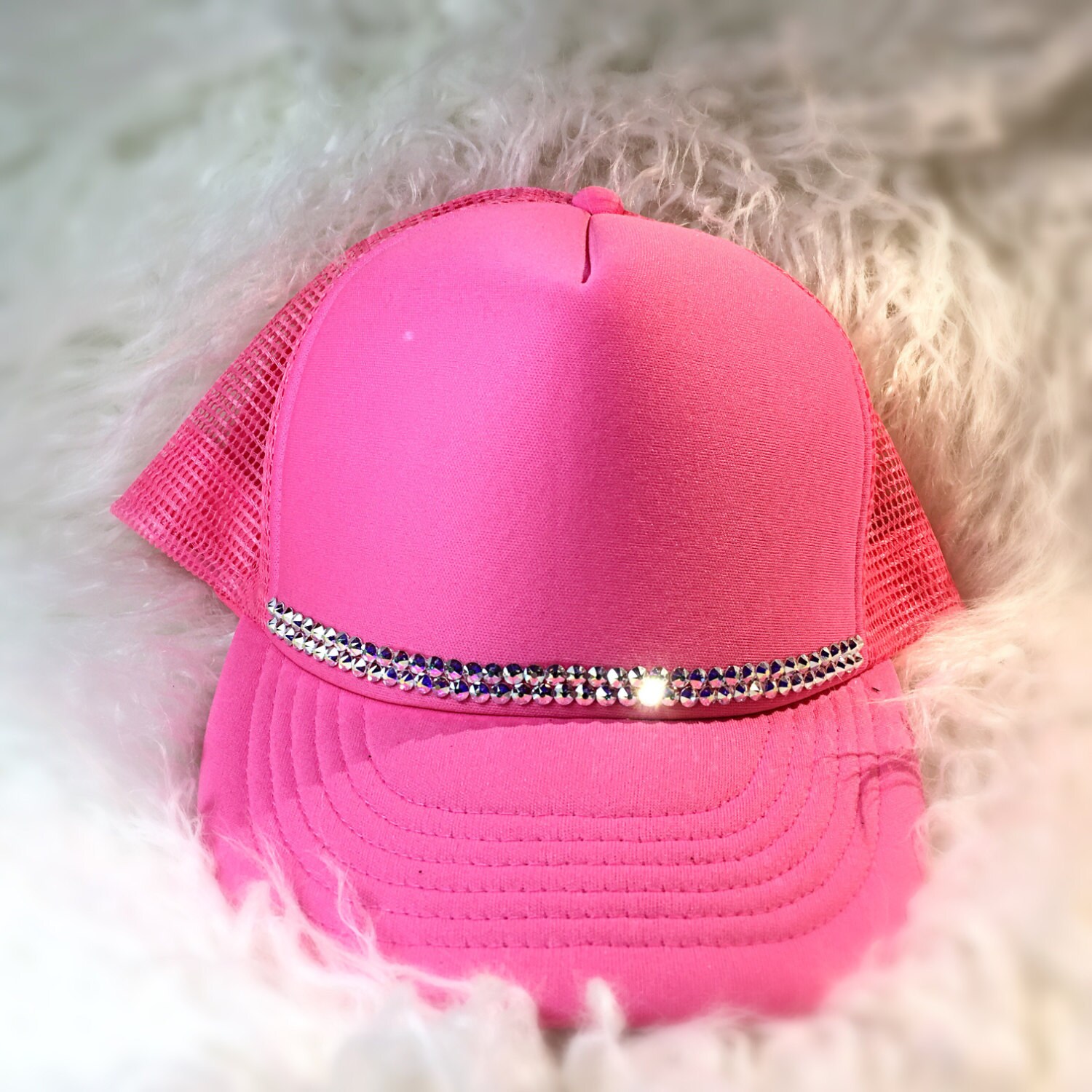 Orangish / Hot Pink Trucker Hat 2 Row Swarovski by BlackPigDesigns