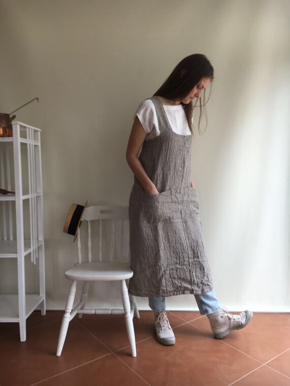 Japanese Style Cross-Back Pinafore Apron For Women - Cotton Linen Smock With Pockets, Plus Size
