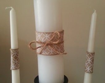 Unity candle set, rustic unity candle with burlap wedding candles