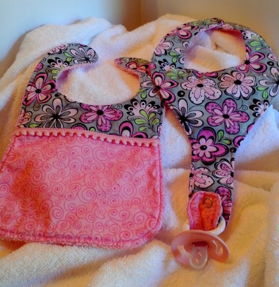 Pink Flowers Bib and Bib with Pacifier by AllmybabiesByMonica