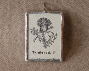 Thistle Plant - Handmade Soldered Glass Pendant with Black and White Vintage Botanical Dictionary Illustration