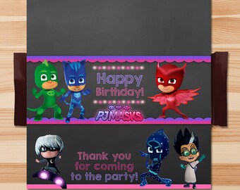 PJ Masks Birthday Candy Wrapper - Pink Chalkboard - Girl PJ Masks Chocolate Wrapper - PJ Masks Birthday Girl Party - Pj Mask Party Printable