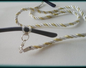 Glasses necklace silver and gold cord, Glasses cord chic, Chique glasses cord, Glasses necklace, gold and white satin cord