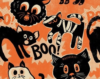 Black Cat Halloween Fabric | Halloween Fabric | Cats | Orange | Black | Kitty Cat Fabric | Vintage Halloween Fabric | Howling Cat Print