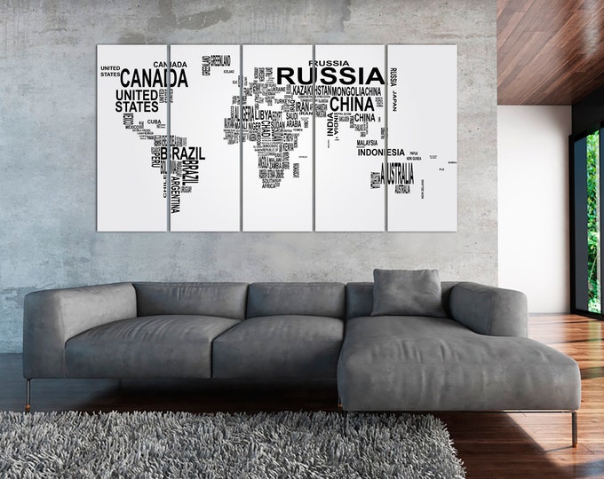 Typographic Text World Map Canvas Print Set \ 1,3,4 or 5 Panels on Canvas Wall Art for Home or Office Decoration & Interior design