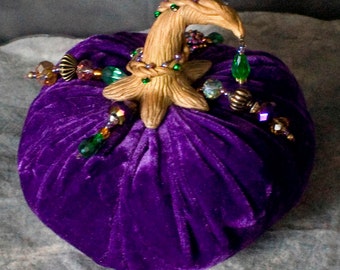 Jeweled Purple Velvet Pumpkin Glam Whimsical Fall Autumn Wedding Halloween Decor Hand Sculpted Stem