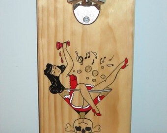 Sailor Jerry Tattoo Like Girl In Glass Wooden Wall Mounted Bottle Opener With Magnetic Cap Sailor Jerry Tattoo Like Girl In Glass Wooden Wall Mounted Bottle Opener With Magnetic Cap