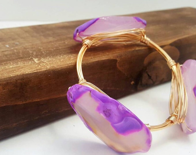 Wire Wrapped Bangle with sliced stone purple agate gemstones, Bracelet, Bourbon & Boweties Inspired