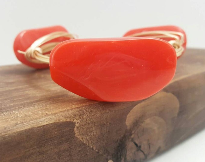 Red Orange Gemstone wire wrapped bangle, bracelet, Bourbon and boweties inspired