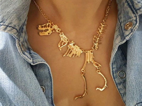 T-Rex scheletro collana, collana di dinosauro, / 18 k oro, argento / strati collana / matrimonio gioielli, regalo, collana personalizzata