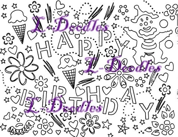 happy birthday coloring page for adults or by ldoodlesshop