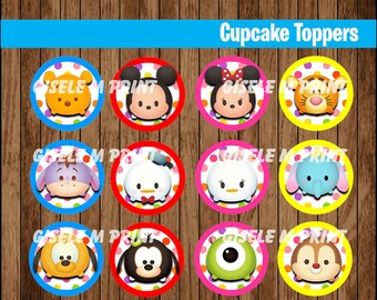 Tsum Tsum cupcakes toppers, Printable Tsum Tsum toppers, Tsum Tsum party toppers instant download