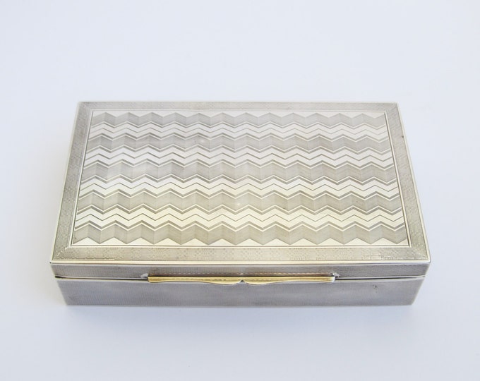 Silver Jewelry box, Art Deco 935 sterling silver+ desktop business card case, cigarette box, trinket box, chevron engine engraving