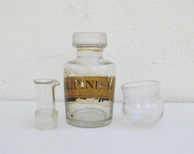 Antique medicine bottle with handpainted lettering, Ol. Pini Sylv. Pharmacy bottle, collectible glass chemist jar, vintage medical equipment