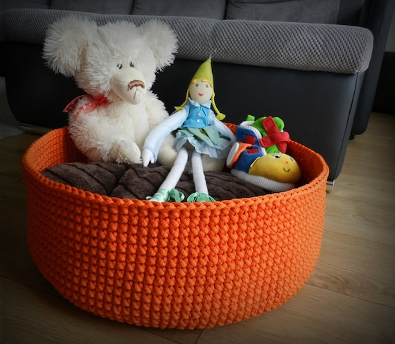 Large round basket / toy storage basket / toy storage bin / crochet basket / storage bag / kids room decals / orange decor / kids room decor