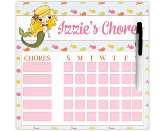 Dry erase chore chart, magnetic chore chart, chore chart for kids, kids reward chart - featuring an adorable mermaid