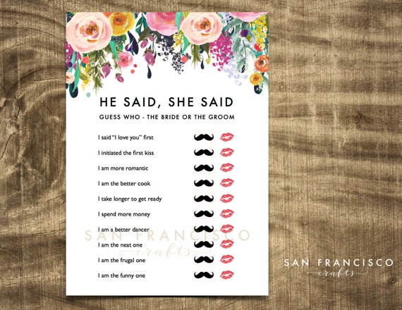 He Said She Said Bridal Shower Game by SanFranciscoCrafts