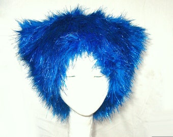 Bloo Sparkle Kozy KITTY faux fur kitty hat - Bright Blue & Shiny - men women sparkly Raver EDM fuzzy hat burningman BRC Festival size S M Xl