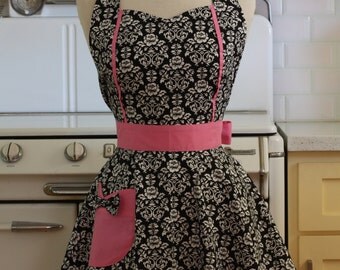 Retro Apron Black and White Floral Damask with Pink MAGGIE