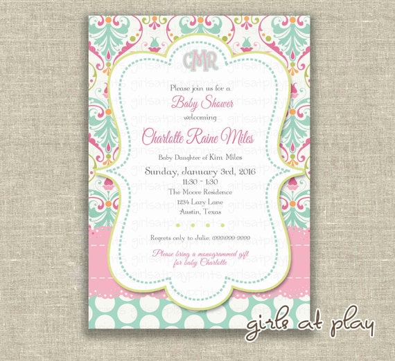 Baby Shower Girl Invitation Invite French Paisley Damask Turquoise Pink- Printable DIGITAL - by girls at play girlsatplay Il_570xn