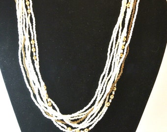 White and Gold Bead Multi Strand Bead Necklace, Vintage Bead Necklace, Mid Century 8 Strand Necklace, Christmas Gift