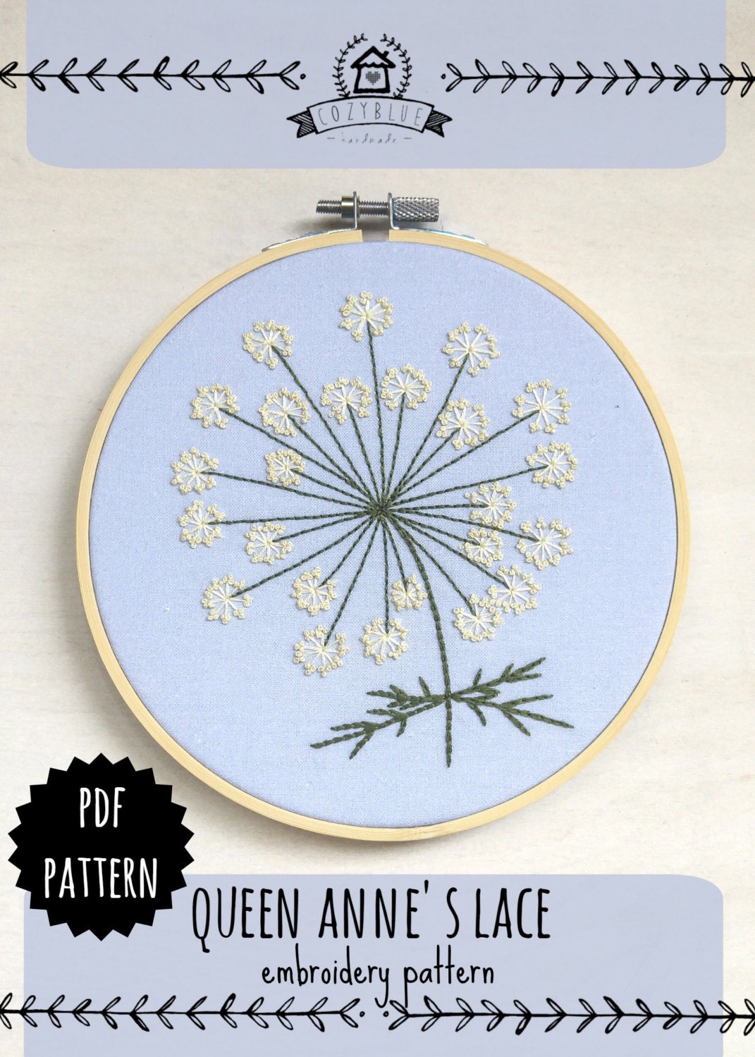 QUEEN ANNES LACE pdf embroidery pattern embroidery hoop