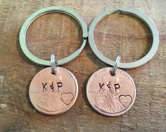 Penny Keychains-anniversary Keychains-hand stamped anniversary keychains-couples keychains