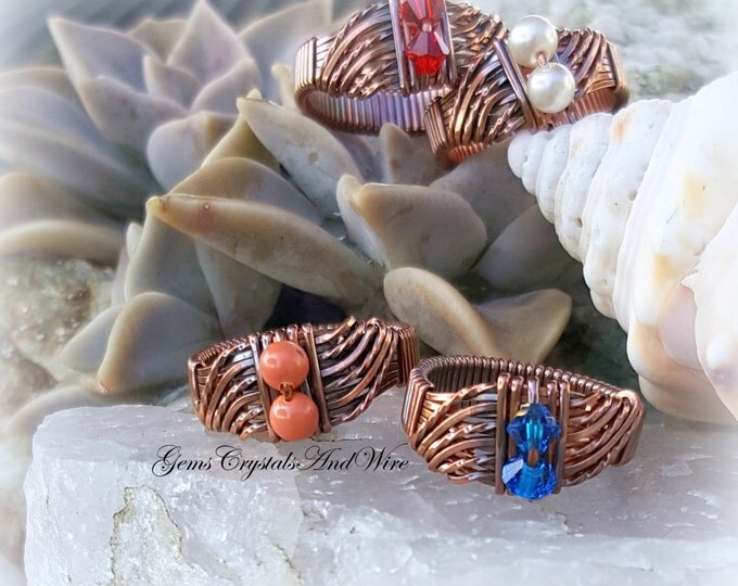 Handcrafted Wire-Wrapped Wave Ring with Swarovski Crystals or Pearls- Any Size