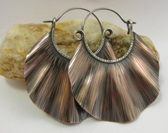 Large Copper Earrings, Copper Hoop Earrings, Ruffle Hoops, Copper And Sterling Silver Mixed Metal Earrings, Artisan Jewelry, Boho Earrings