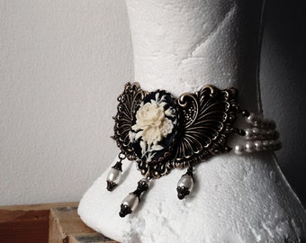 Three Strand pearl Choker Victorian Jewelry Cameo Choker Necklace Black Rose Cameo White Pearls Brass gothic jewelry statement bridal choker