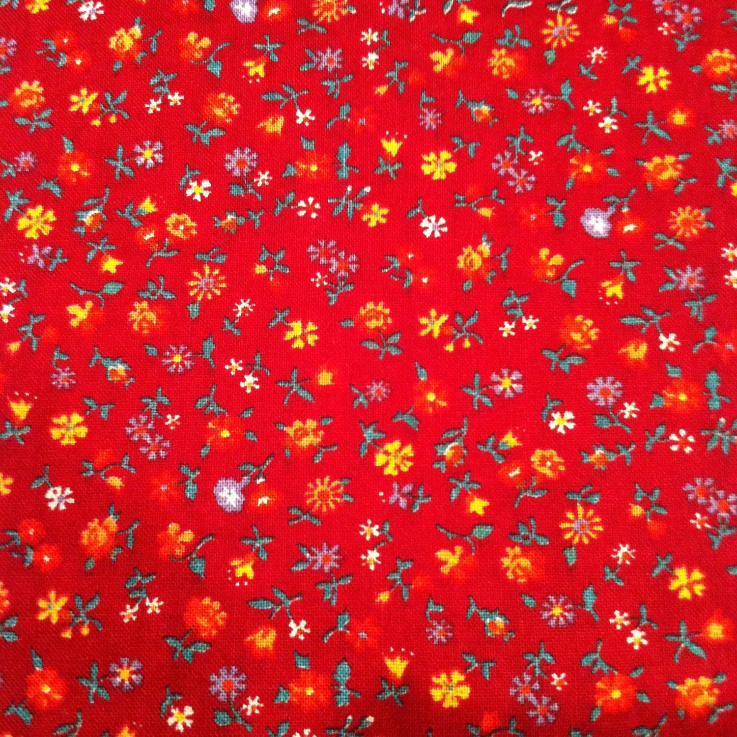 Bright Red Floral Print Fabric 1 Yard Red Yellow Floral