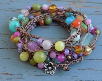 Blossoms crocheted necklace or wrap bracelet, natural earthy crocheted jewelry