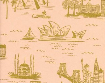Rifle Paper Co Fabric, Cotton Lawn, Cotton and Steel fabric, Les Fleurs, Cotton Lawn, City Toile Peach Gold Metallic - Choose the cut