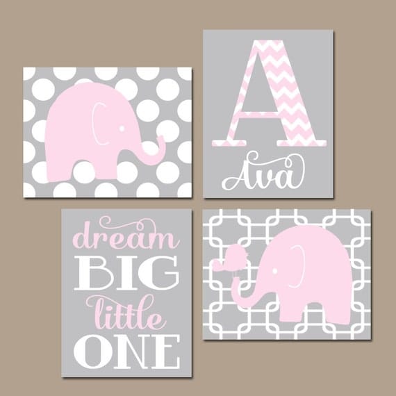 Girl ELEPHANT Nursery Wall Art Pink Gray Nursery Baby Girl