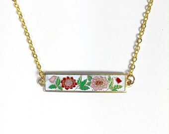 Peony Flower Necklace,Vintage Enamel Necklace, Bar Necklace, Floral Necklace, Pink, Red and White