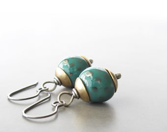 teal dangle earrings, kazuri clay silver brass earrings, rustic dangle earrings, mixed metal, metalwork jewelry