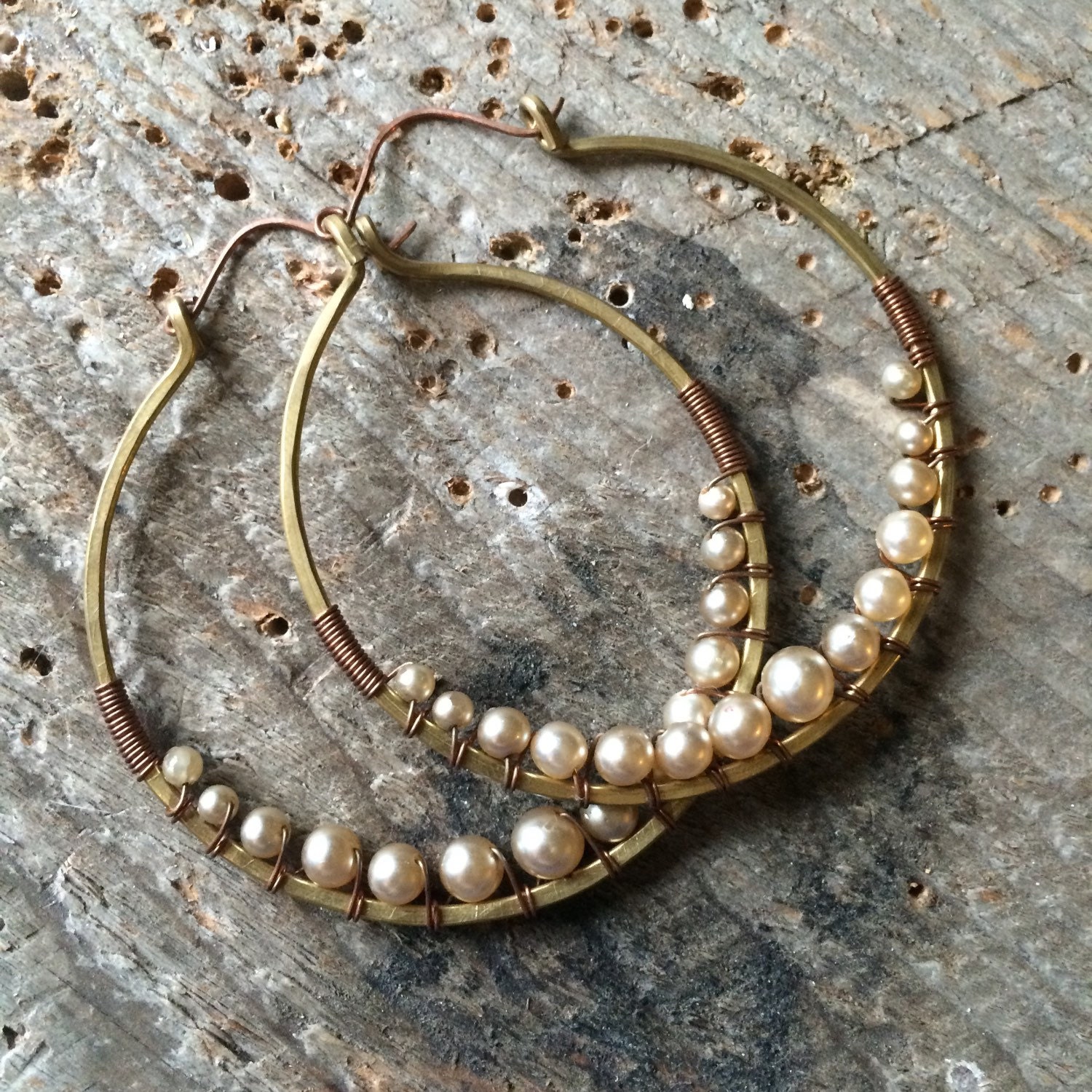 Wire Wrap Hoop Earrings Pearl Earrings Large by daniellerosebean