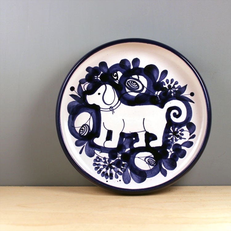 Blue dog Vintage Swiss pottery plate Luzerner Keramik 